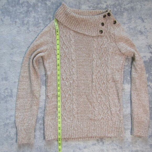 Chunky Cable Knit Heathered Beige Tan Button Fold Over Cowl Neck Sweater - Picture 7 of 9